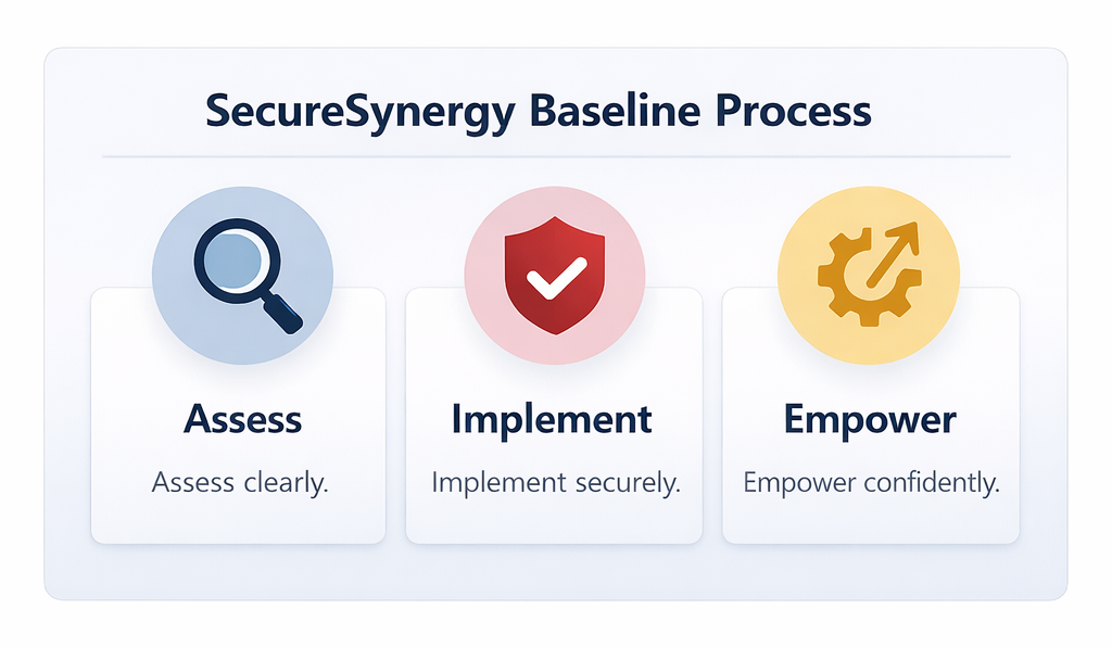 SecureSynergy Baseline Process: Assess clearly, Implement securely, Empower confidently